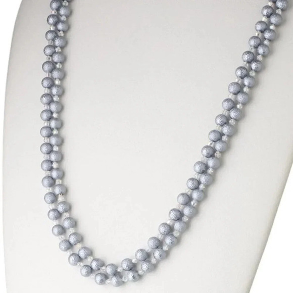 Retro Textured Bumpy Glass Pearl Beads Long Opera Length Necklace Grey Aqua - Picture 1 of 2